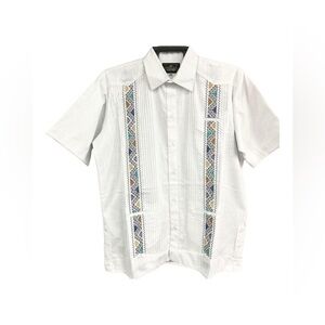 Men’s Linen White Guayabera with Multicolor Embroidery Short Sleeve